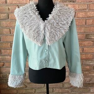 Stylish Women's Light Blue Jacket with Faux Fur Trim